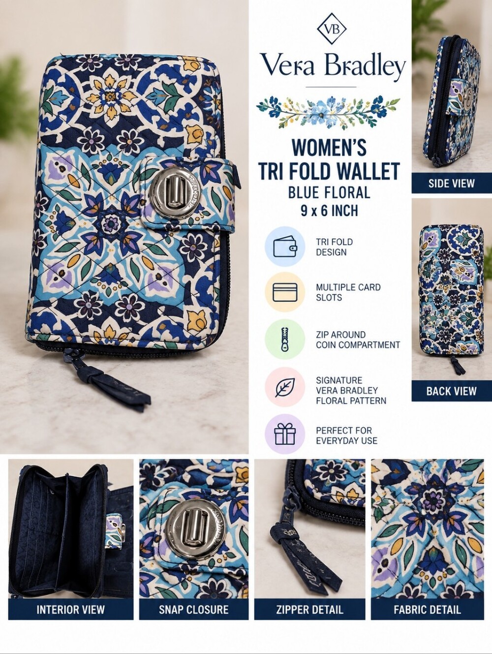 Vera Bradley blue floral tri fold 9x6 inch wallet #36
